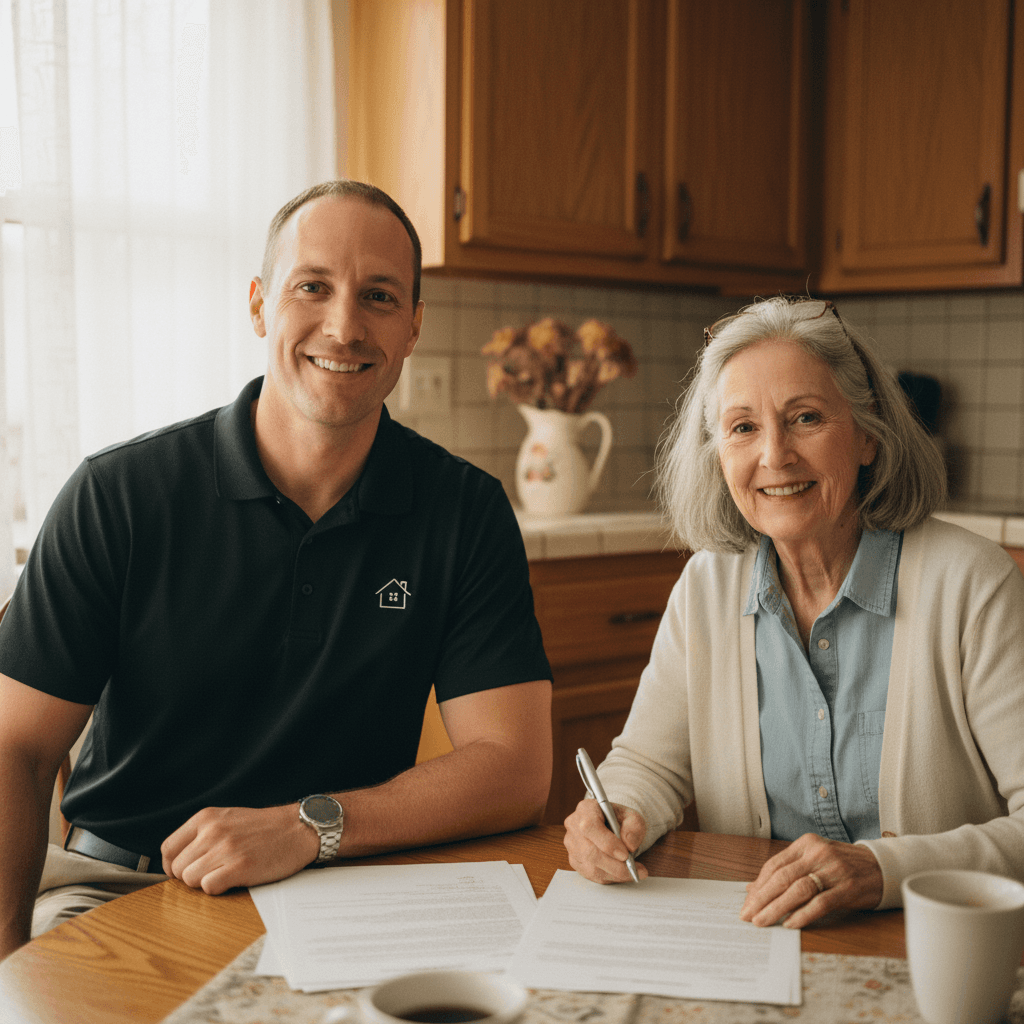 Pete and a seller at a kitchen table, purchase agreement just signed, both smiling