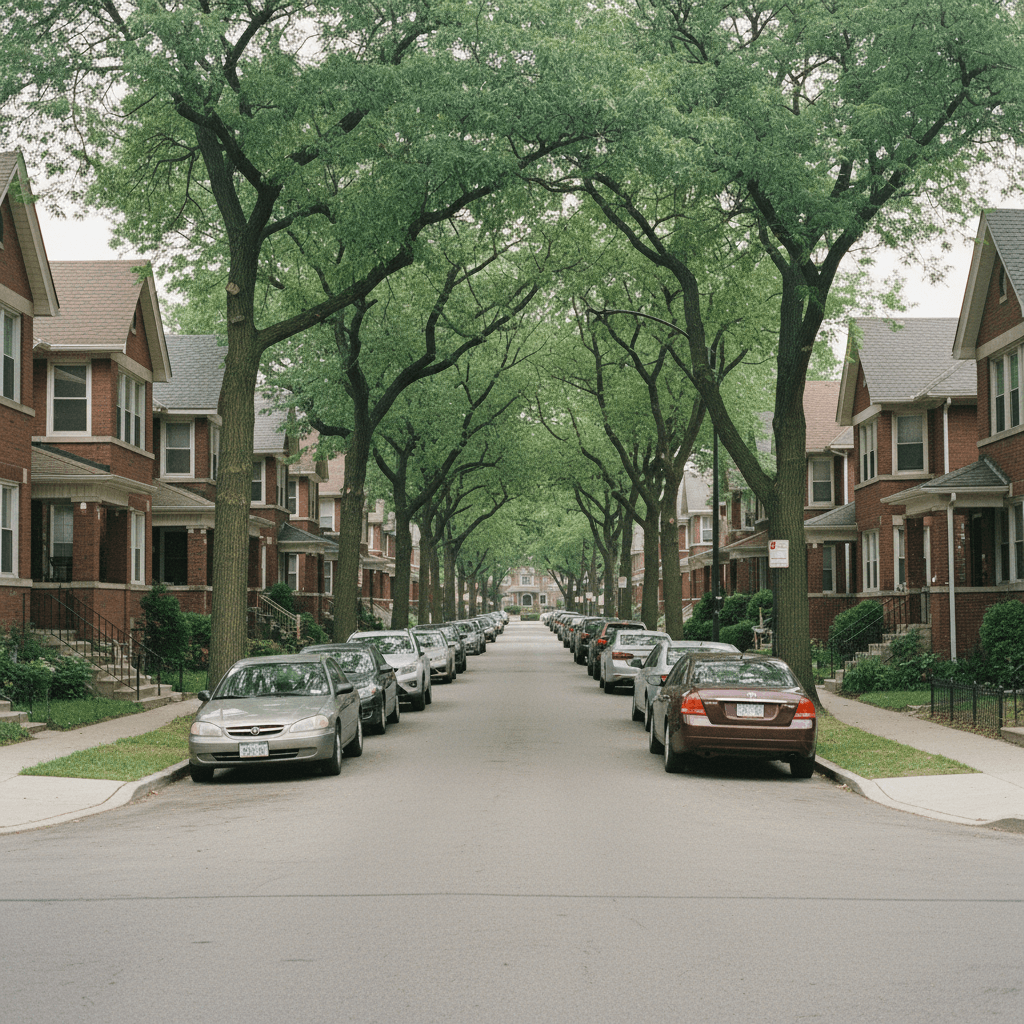 A Chicago Bungalow Belt residential block with brick bungalows