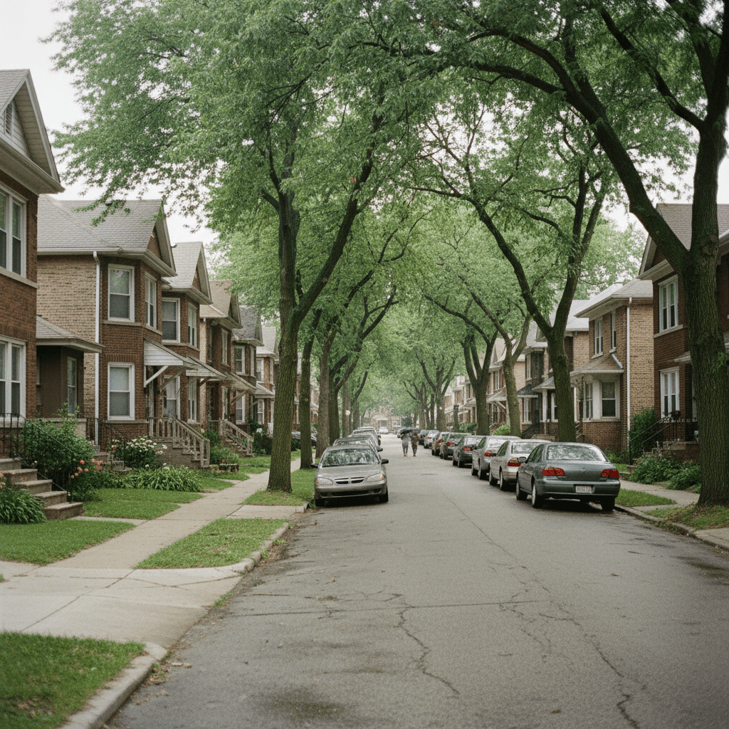 An inner-ring Cook-suburb block of brick two-flats and workers cottages