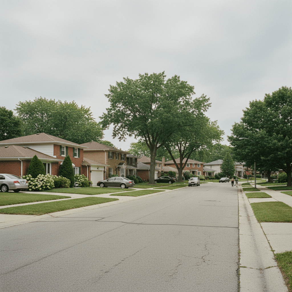 An outer-ring Cook-suburb block of 1970s-80s brick ranches