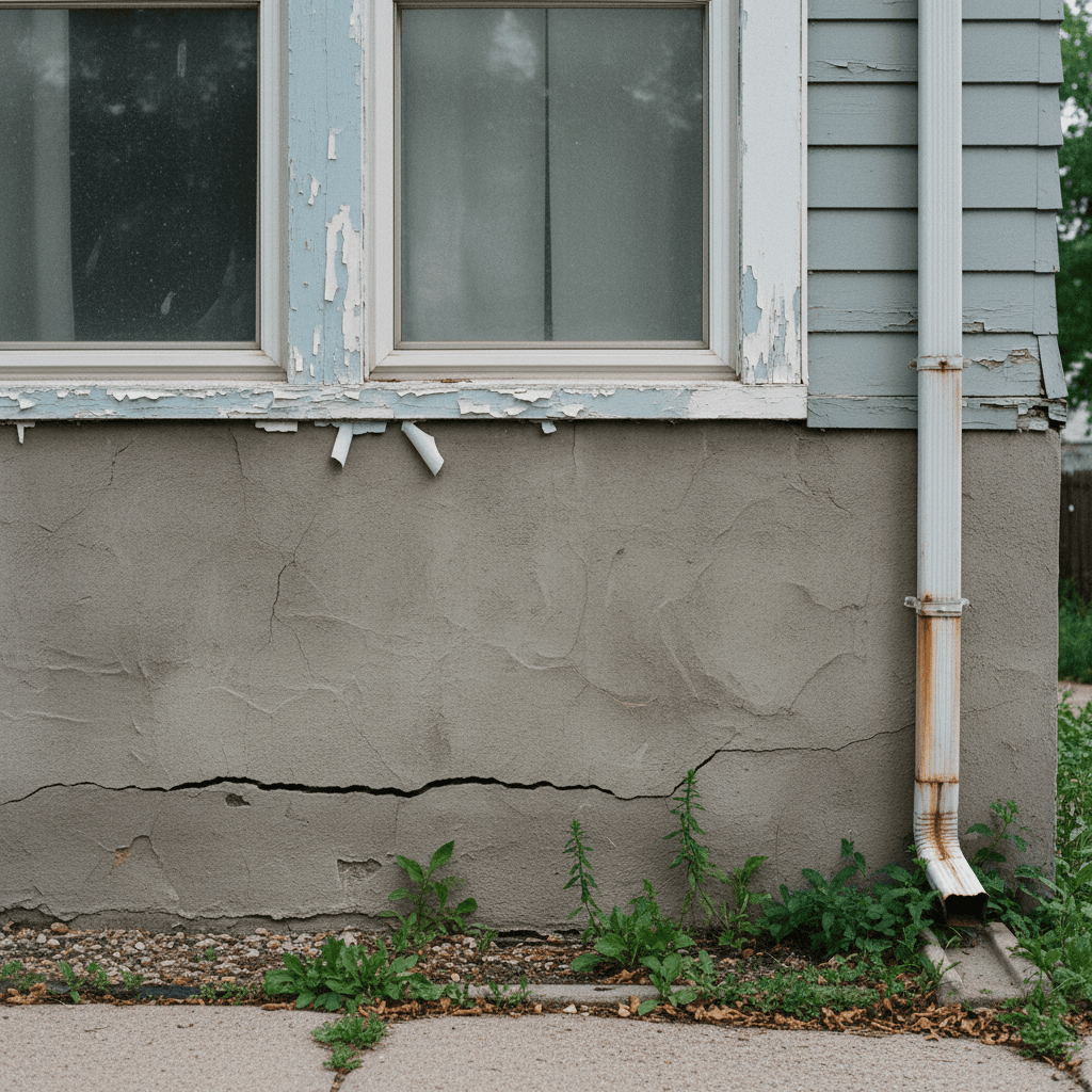 Close-up exterior detail of peeling paint and a cracked foundation