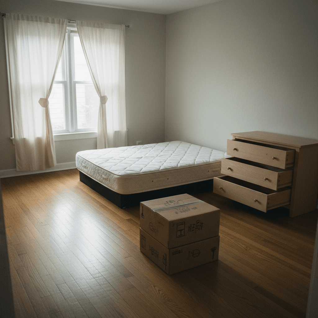 An emptying bedroom with a bare mattress and two moving boxes