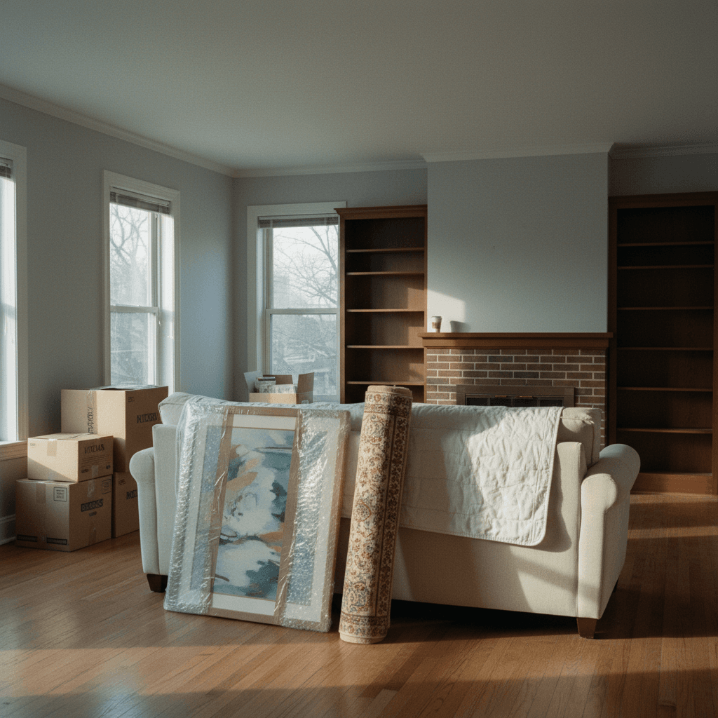 A living room mid-pack with moving boxes and a rolled-up rug
